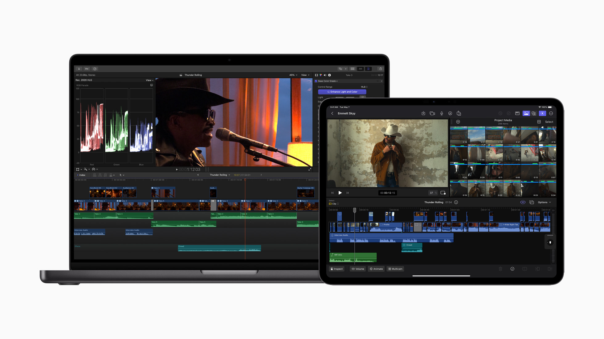 An Apple Macbook and an iPad both display the Final Cut Pro AI editing workspace.