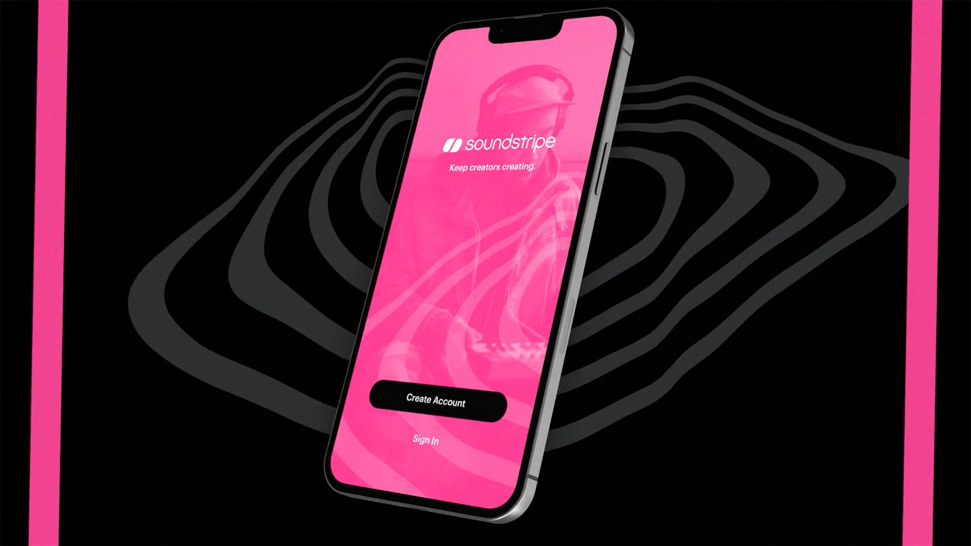 A smartphone on a pink background shows the Soundstripe mobile app, an excellent tool for business shreditors on the go.