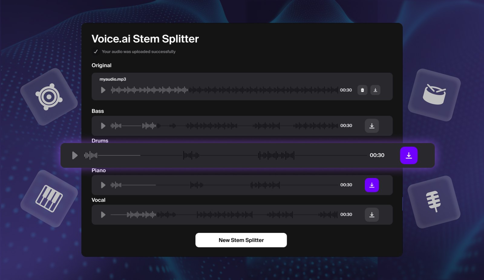 An image of the controller console of the voice.ai stem splitter, an excellent source for your music stems download.