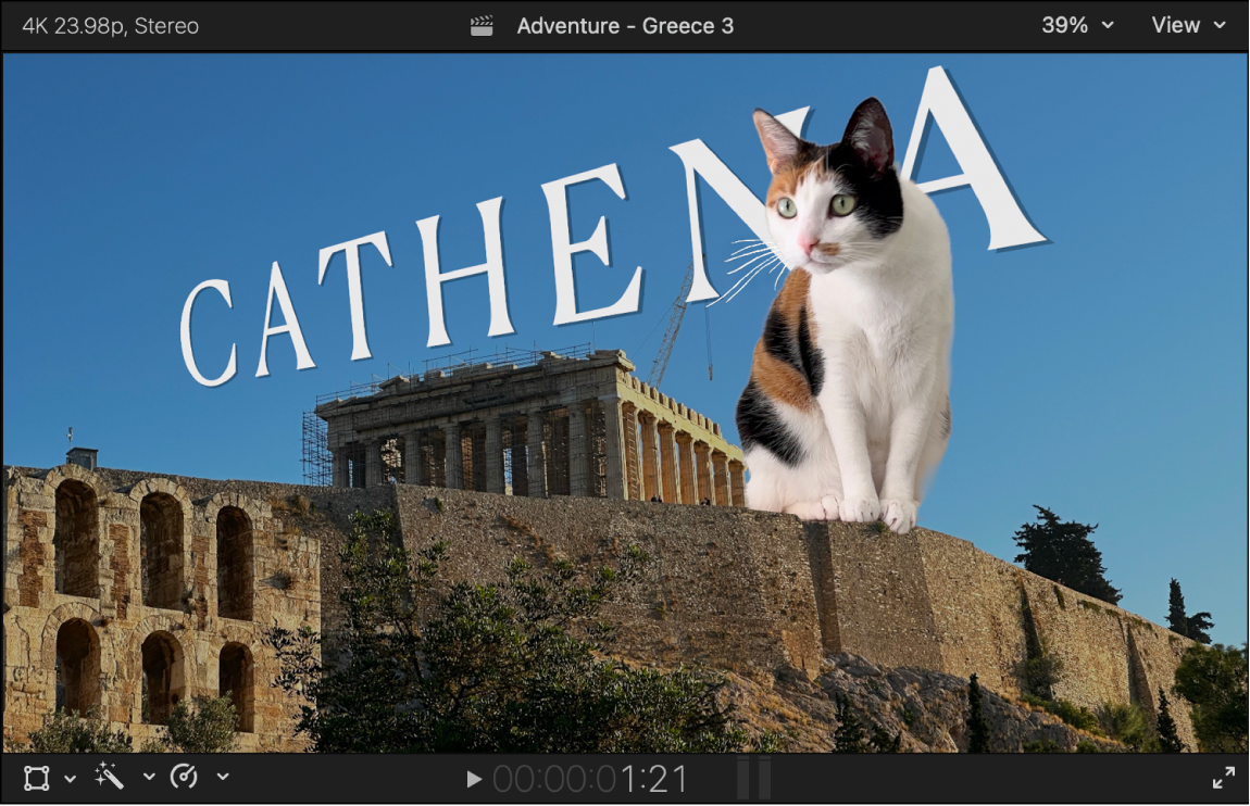 A larger than life cat, superimposed on a greek background shows some of the feats of AI editing Final Cut Pro is capable of.