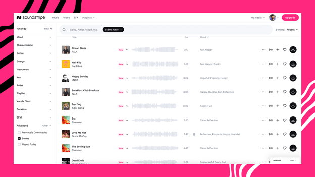 An image showing how to find music stems for royalty free tracks on Soundstripe